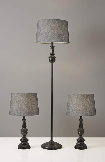 Adesso 3-Piece Lamp Set: Two Table Lamps & One Floor Lamp – Bronze Finished Base, Dark Herringbone Shade, Stylish and Cohesive Lighting for Any Space