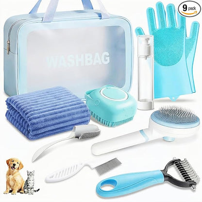 9PCS Dog Bath Kit & Dog Brush Kit for Dogs & Cats - Professional Pet Grooming Tools Set with Shedding Brush, Bath Scrubber, Dematting Comb & Storage Bag - Complete Dog Washing Essentials, Blue