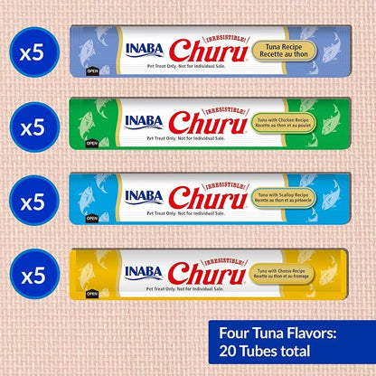 INABA Churu Cat Treats, Lickable, Squeezable Creamy Purée Cat Treat with Green Tea Extract & Taurine, 0.5 Ounces Each Tube, 20 Tubes, Tuna Variety Box