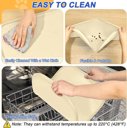 SMILOOL Silicone Pet Food Mat with Raised Edge for Food and Water Bowl, Dog Feeding Mats, Cat Food Trays for Floor Waterproof, Rubber Tray for Dogs and Cats, 22 x 14 x 0.8 White Sand(Yellow Cast)
