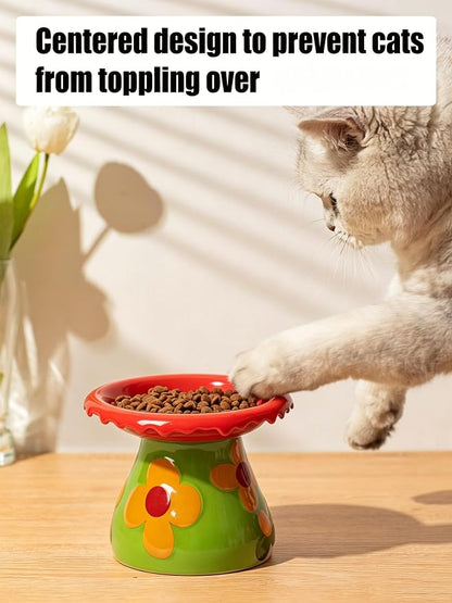 Mushroom Elevated Cat Bowls Ceramic, Cute Cat Bowls Whisker Fatigue | Raised Cat Bowl for Indoor Cats, Raised Dog Bowls Stand for Food and Water, Yellow 5.8" Wide for Adult Cats