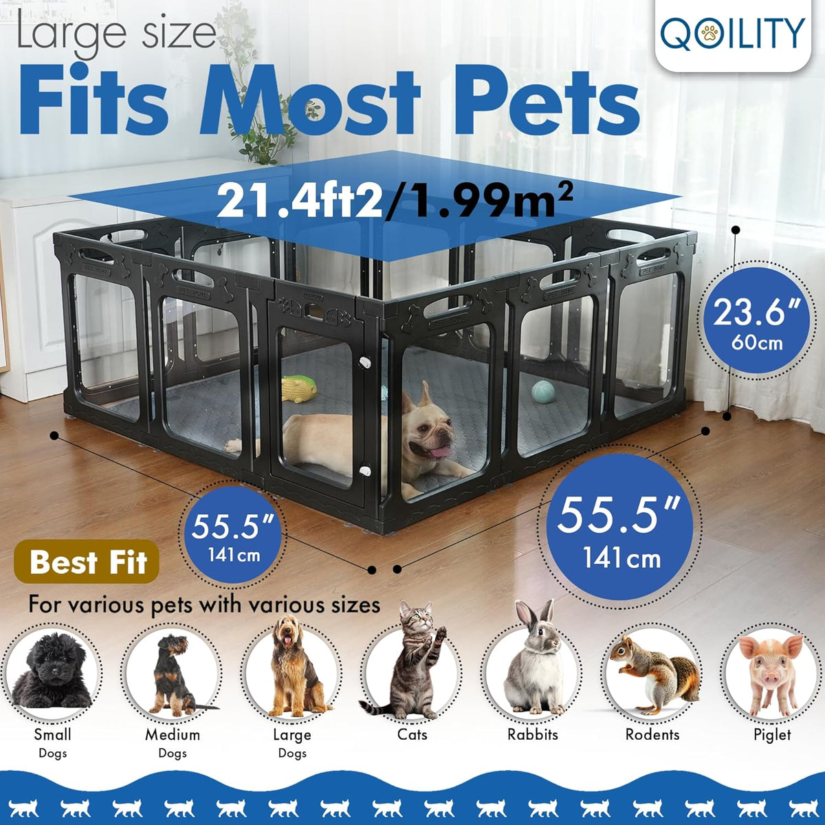 Clear Acrylic Dog Playpen Indoor, Effectively Relieves Indoor Pet Anxiety, 56" x 56" x 23.6"H, Suitable for Puppy and Dog, Black