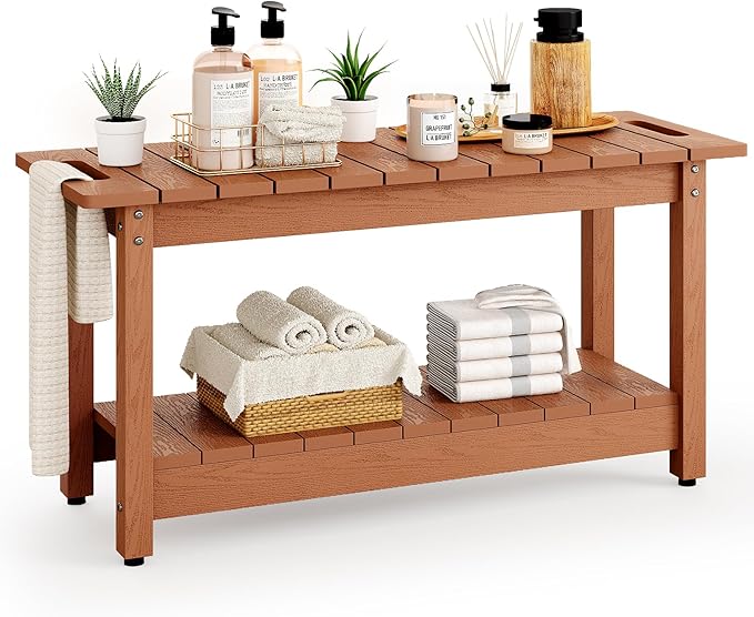 35" Shower Bench, Waterproof Poly Lumber Shower Stool for Shaving Legs, Shower Chair Seat Holds up to 400lbs, Bathroom Bench for Inside Shower, Non-Slip (Brown)