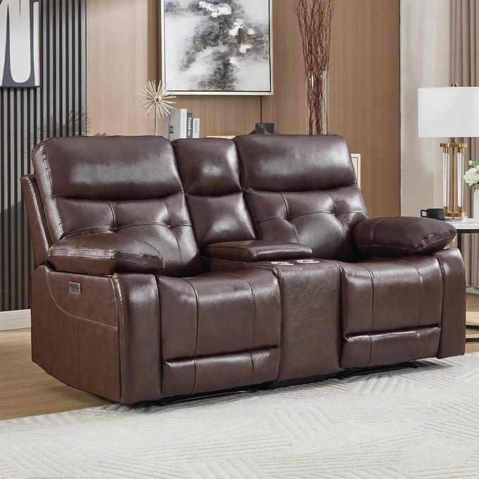 CANMOV Genuine Leather Power Recliner Loveseat, 2 Seat Loveseat Reclining Sofa with Storage Console,Hidden Cup Holders,Modern Electric Recliner Couch Set for Living Room, Bedroom,Dark Brown
