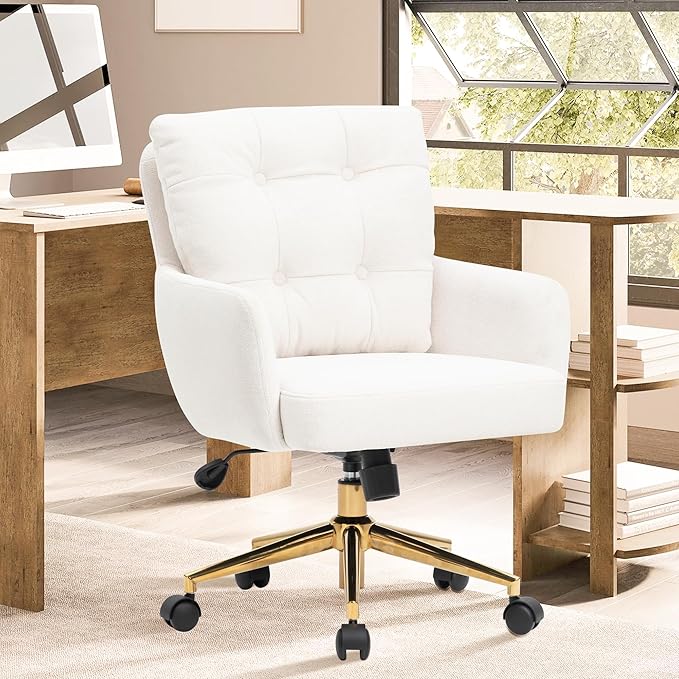 BALIAA Flannel Office Chair Vanity Chair Comfy Home Office Desk Chairs with Lumbar Support, Modern Plush Fabric Desk Gold Legs Swivel Task for Home Office Bedroom Study White Upgraded Version
