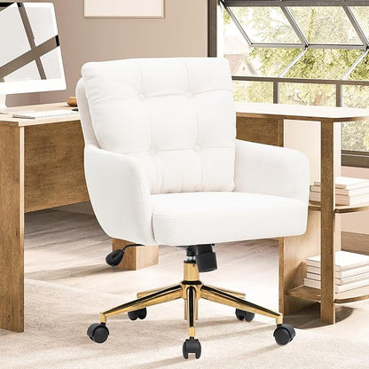 BALIAA Flannel Office Chair Vanity Chair Comfy Home Office Desk Chairs with Lumbar Support, Modern Plush Fabric Desk Gold Legs Swivel Task for Home Office Bedroom Study White Upgraded Version