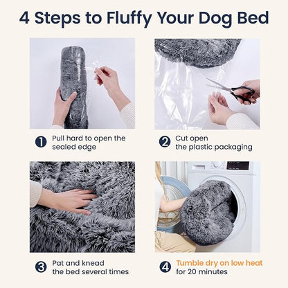 JOLLYVOGUE Calming Dog Beds Extra Large Sized Dog, 45in Donut Washable Large Pet Bed, Anti-Slip & Anti-Anxiety Fluffy Faux Fur Round Dogs Bed, Fits up to 125 lbs Pets (Smoke Black)