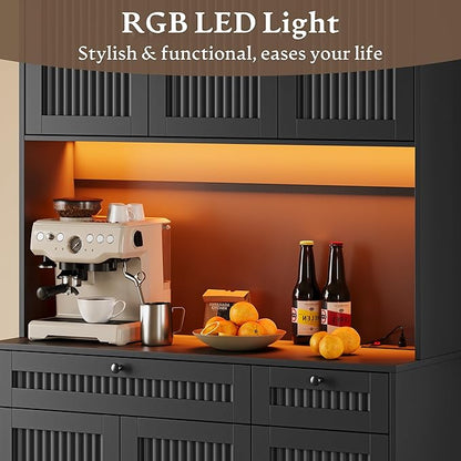 Pantry Cabinet with Charging Station and Light, Tall Kitchen Pantry Storage
