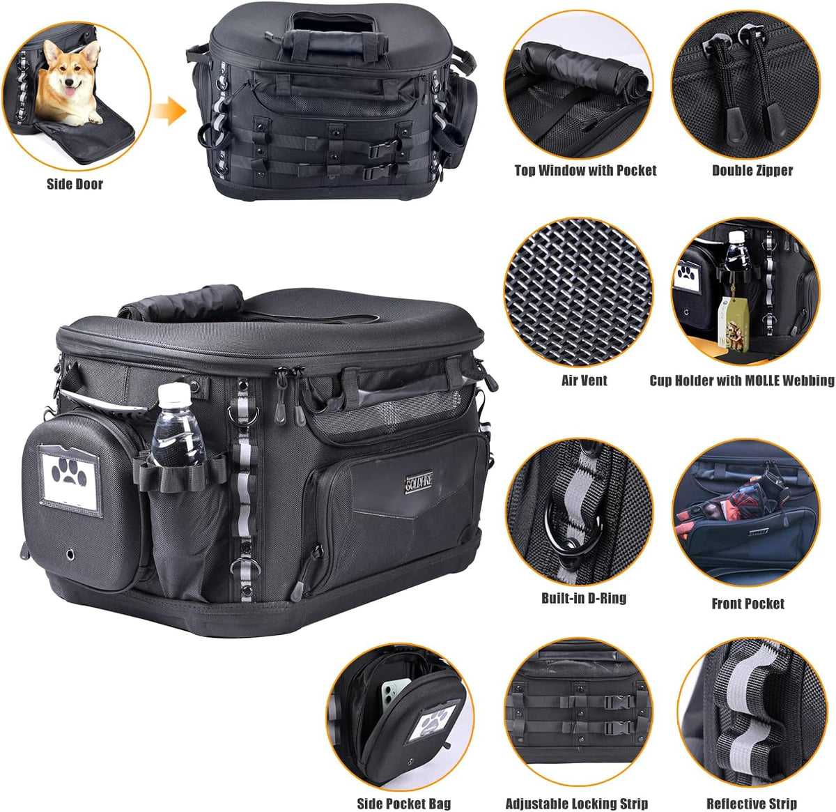Motorcycle Dog Carrier, Portable Pet Carrier Pet Travel Bag Cat Carrier Bag for Harley Street Glide Road King Touring Trike Can Am with Luggage Rack Passenger Seat Load Capacity 20lb (Black)