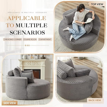 JEEOHEY Modern Round Accent Sofa Chair for Living Room, Upholstered Corduroy Barrel Lounge Arm Chair with Large seat&Throw Pillows for Bedroom, Office, Apartment, Grey
