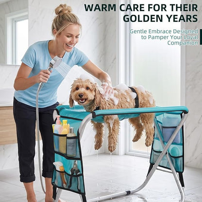 Dog Grooming Hammock with Stand, Dog Grooming Table for Senior Dogs Bath | 50 lbs Capacity, Ground Support Design, Heavy-Duty Aluminum Frame, Breathable Washable Mesh, Foldable Storage, Turquoise