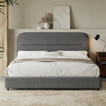HOMBCK Queen Bed Frame with Headboard, Boucle Upholstered Soft Platform Bed Frame Queen Size with Thickened Footboard, Rounded Corners Design, No Box Spring Required, Easy Assembly, Grey