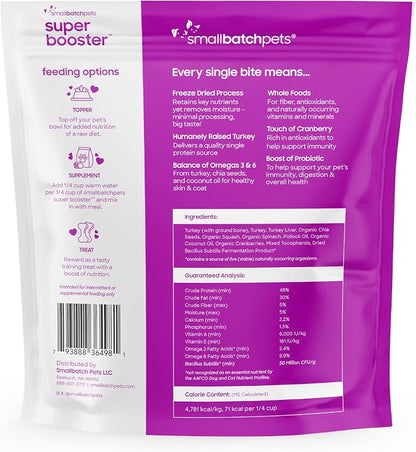 smallbatch Freeze Dried Dog Treats, Superfood Food Topper Turkey Bites for Dogs & Cats, Probiotics, Organic Ingredients, High Protein, Grain Free Healthy Food Topper, Made in the USA, 18 oz Bag