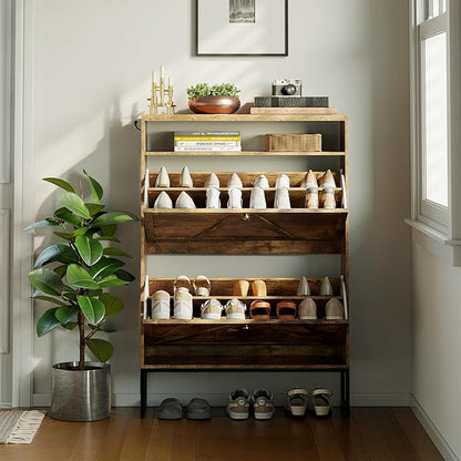Shoe Storage Cabinet with 2 Flip-Up Doors, Freestanding Hidden Shoe Storage