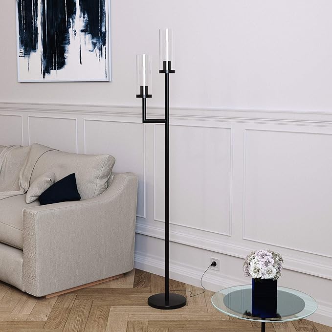 Basso 2-Light Torchiere Floor Lamp with Glass Shade in Brass/Clear