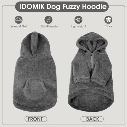 IDOMIK Fuzzy Dog Sweater with Adjustable Hood, Warm Fleece Dog Sweater Hoodie with Harness Hole & Pocket, Pullover Sweaters for Large Dogs, Fuzzy Hooded Sweatshirt for Fall Winter Christmas,Grey,XL