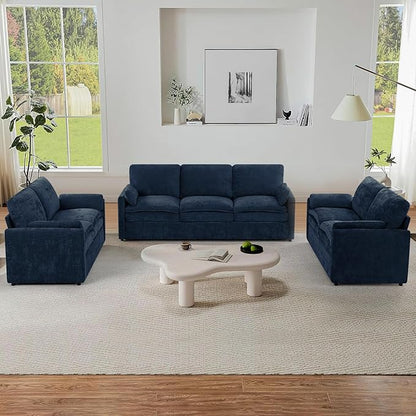 3 Pieces Chenille Sofa Set w/Arm Pillows, Upholstered 2 Pieces Loveseat & 3 Seater Sofa w/Comfortable Back Cushions, Modern 2-Seat & 3-Seat w/High-Density Foam for Living Room, Blue