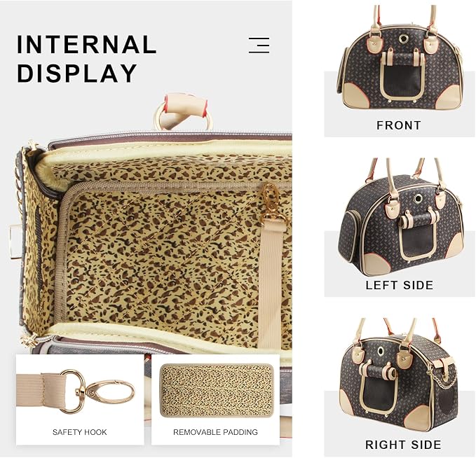 Fashion Dog Carrier PU Leather Dog Handbag Dog Purse Cat Tote Bag Pet Cat Dog Hiking Bag, Brown, Large 42 * 29 * 18cm
