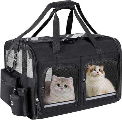 Cat Carrier for 2 Cats, Foldable Double Cat and Dog Carrier, Small to Medium Size, 2 Front Zippered Compartments,Two Pets Carrier for Outdoor Travel,Mulitple Cat Carrier (Black)