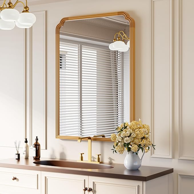 30" x 40" Wood Bathroom Mirror for Over Sink, Rustic Rounded Corner Vanity
