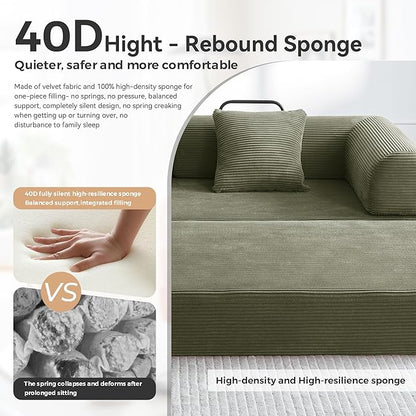 Sleeper Sofa, Comfy Convertible Folding Couch-Futon-Corduroy Fabric Sleeper Sofa Bed with 2 Pillow, Removable Soft Cushion for Small Living Room Dorm/Bedroom/College/Office (Light Green)