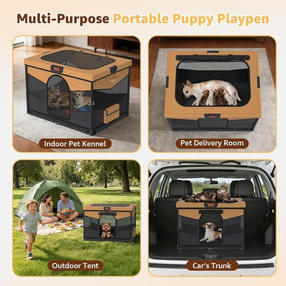 LOOBANI Dog Playpen for Small Dogs, 32"x24"x22", Foldable & Portable, Brown | Pet Playpen, with Removable Washable 690D Fabric Cover, Sturdy Frame Cat Playpen for Indoor, Dog Crate for Small Animals