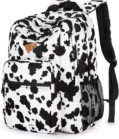 ZORFIN 26L Backpack for College, and Travel: Water Resistant Bookbag - Cow Print Black