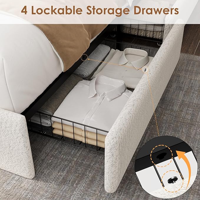 Full LED Bed Frame with 4 Storage Drawers and Storage Headboard, Soft Boucle Upholstered Platform Bed Frame with Charging Station and USB Ports, Solid Wood Slats Support, No Box Spring Needed, White