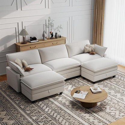 Modular Sectional U Shaped Sofa Couches with Storage Ottoman, Cloud Couch for Living Room, Comfy Sofa with Pillow, White