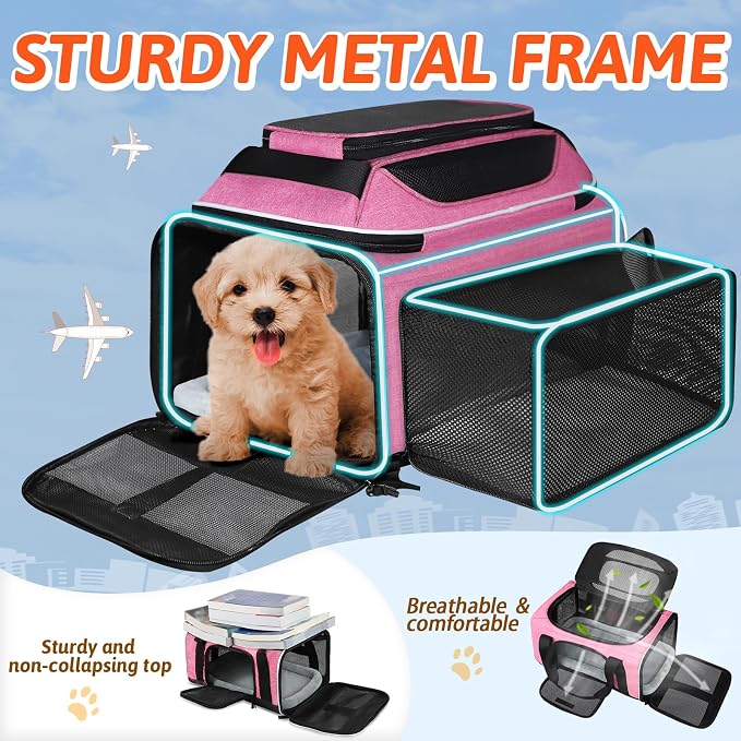 Petskd Top and Side Expandable Pet Carrier 17x11x9.5 Inches Alaska Airline Approved, Soft-Sided Carrier for Small Cats and Dogs with Locking Safety Zippers and Anti-Scratch Mesh(Pink)