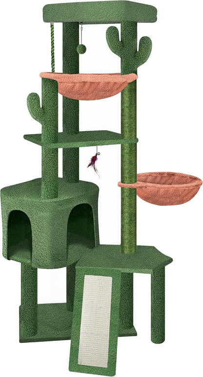 Wang Xin Four Layer Big Cat Tree with Huge Cat Condo and Two Hammocks Scratch Pad,Green