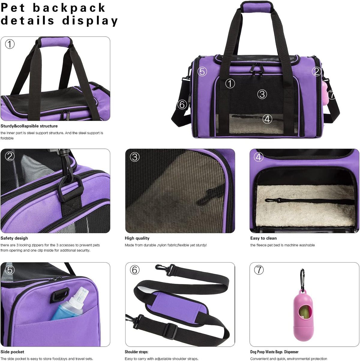 Cat Carrier Dog Carrier Pet Carrier Cat Bags for Small Medium Cats Dogs Puppies of 15 Lbs,of Airline Approved Small Dog Bag Soft Sided,Collapsible Travel Puppy Carrier (Large, Purple)