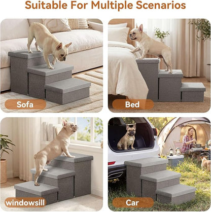 Zerbuger Dog Stairs with Storage, Grey Stripes Lids 3 Steps Ramp no Condo | 23" H Wider Dog Steps for High Beds Couch, Folding Storage Pet Stairs Gift for Climbing Small/Medium/Large Old Dogs Cats