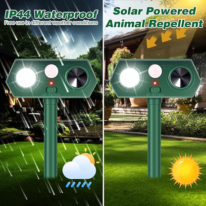 4Pack Solar Ultrasonic Animal Repellent Outdoor,Upgraded Deer Repellent Devices Motion Detection with Motion Sensor for Yard,Cat Repellent with Red&Blue LED Flash Lights to Scare Rabbit Raccoon Bear