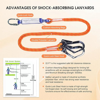 Fall Protection Premium Safety Harness with Shock Absorbing Lanyard, Vented & Padded Shoulder, Legs & Back - Upgrade 4 Quick Buckles (Orange)