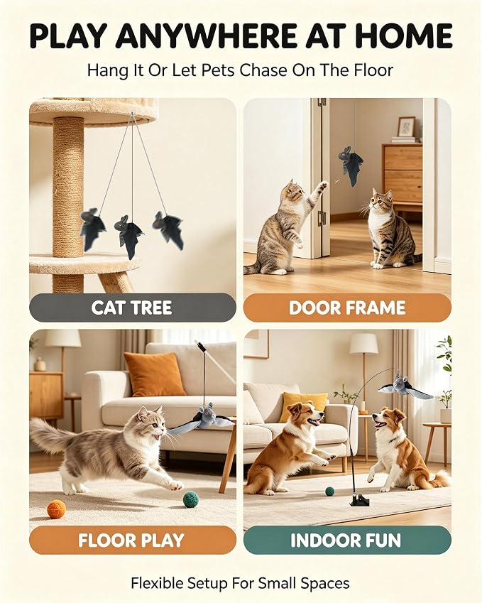 Flying Bat Dog Toy, Interactive Flying Bat Toy for Dogs with Flapping Wings, Chirping Sounds, USB Rechargeable, Touch Activated, Hanging or Floor Toy for Dogs, Puppies and Cats to Reduce Boredom，3 PCS