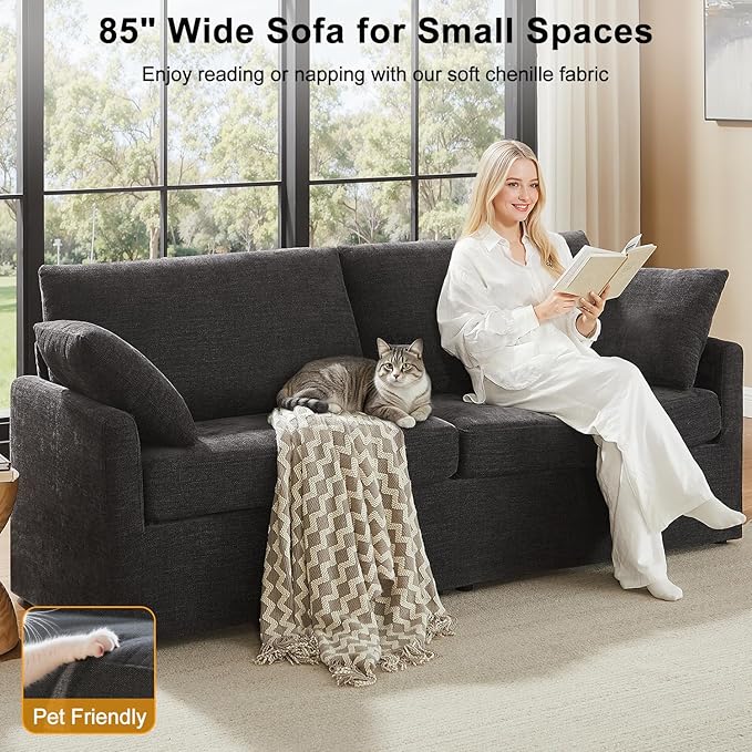 85" Chenille Sofa Couches for Living Room, 3 Seater Sofa with 2 Pillows, Modern Couches Tool-Free Setup, Comfy Oversized Loveseat with Medium Firm Cushions for Small Spaces, Apartment