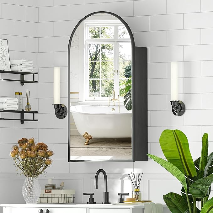 Arched Medicine Cabinet with Mirror, Brushed Black Wall Mounted Bathroom Mirror