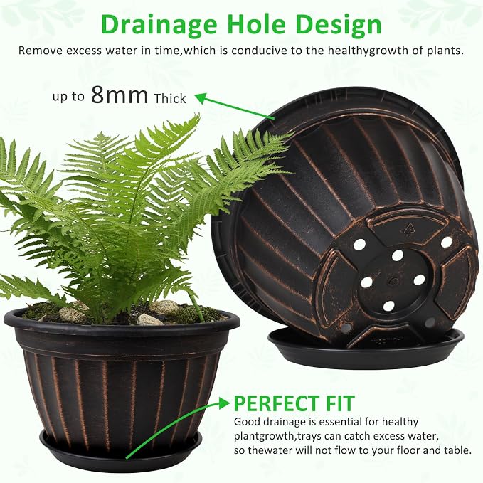 FGstyle 10 Inch Plants Pot,4 Pack Flower Pots,Planters Pot with Drainage Hole & Saucer,Modern Planters for Indoor Outdoor Plants,Decorative Resin Garden Pots for Outdoor Indoor Home Plants (Black)
