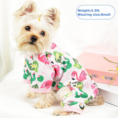 Dog Pajamas Pjs Summer Dog Clothes for Small Dogs Girl - Boy - Medium Size Dogs, Soft Stretchy Puppy Clothes Doggie Onesies Fall Cat Pet Jammies Outfit Tropical Flamingo, Pink