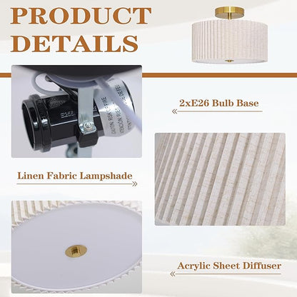 2 Light Semi Flush Mount Ceiling Light Fixture 12.6 Inch Modern Gold Drum Ceiling Light Fixture with Pleated Fabric Shade Dimmable Close to Ceiling Light for Living Room Hallway Bedroom Entryway
