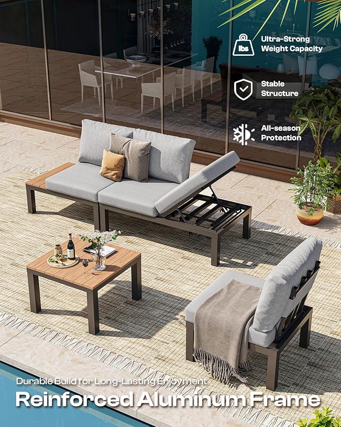 Oasbira Aluminum Modular Outdoor Patio Furniture Set, 8 Seats Sectional Sofa Set with Adjustable Backrest & Thick Cushions, All-Weather L-Shaped Corner Set with Table for Garden & Yard, Gray