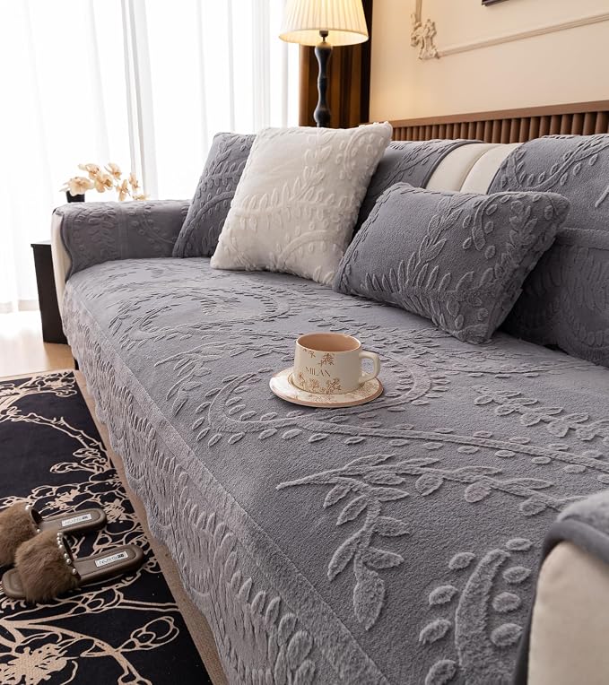 Grey Fuzzy Rabbit Plush Sofa Cover Cozy Warm Sofa Couch Covers with 3D Jacquard Leaf Pattern Non-Slip Easy-to-Install Shaggy Sofa Slipcover Prefect for Kids Dogs Cats Cats(Grey,36"x82")