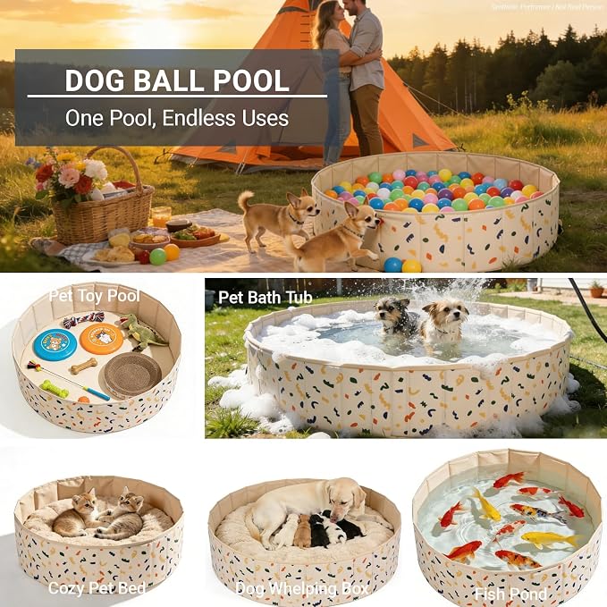 Foldable Dog Pool & Dog Ball Pit with Balls Included, Portable Multifunctional Ball Pit for Dogs & Cats, Anti-Collapse Non-Slip Pet Play Pool (Beige L+85 Balls)