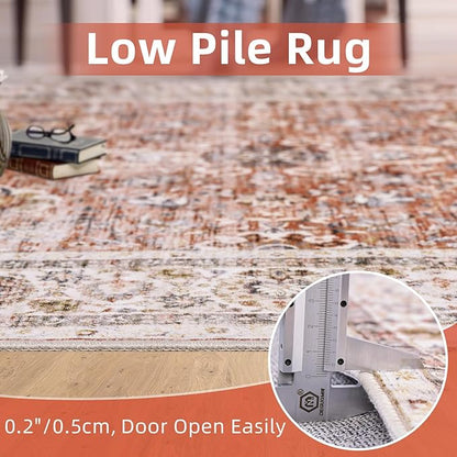 Deerly 6x9 Vintage Rugs for Dining Room, Washable Rugs Non Slip Large Area Rug for Living Room Bedroom Office, Floor Decoration Big Rug Mat Low-Pile Kid & Pet Friendly(Brick Red)
