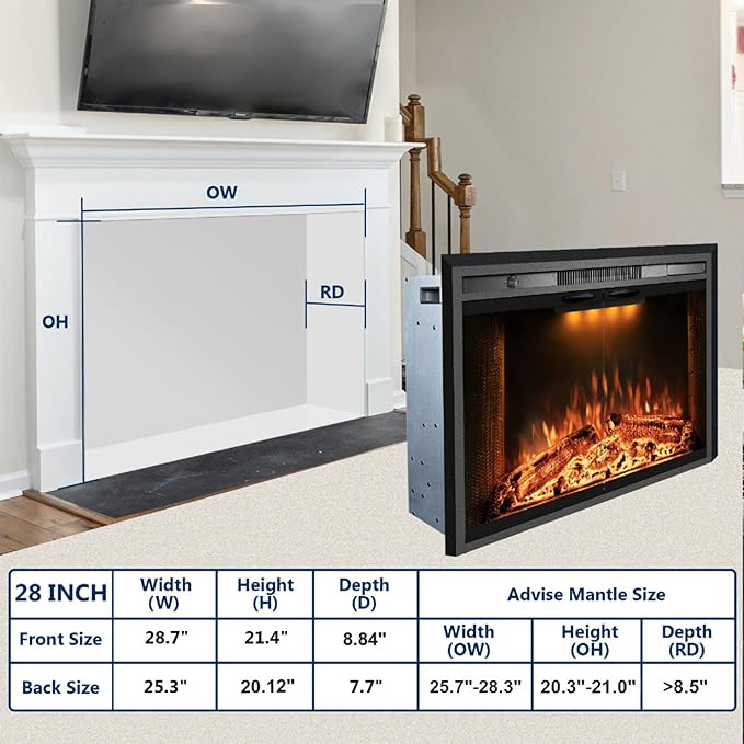 29 Inches Electric Fireplace Insert, 750W/1500W Fireplace Heater