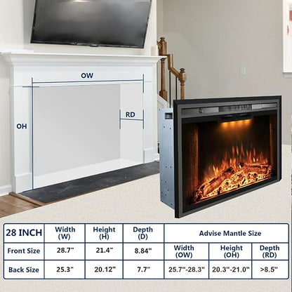 29 Inches Electric Fireplace Insert, 750W/1500W Fireplace Heater