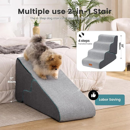 Gardner Pet Dog Stairs for Small Dogs 22" H, 2 in 1 Transformable 4-Step Pet Stairs and Dog Ramp for Couch Bed (23-27 in), Grey Adjustable Pet Steps