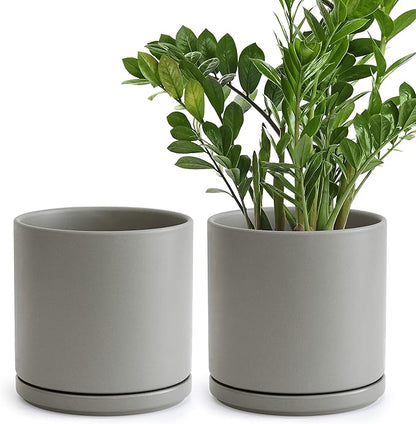 D'vine Dev Set of 2 Plants Pots, 8 Inch Ceramic Planter Pot for Plants with Drainage Hole and Saucer, Speckled Grey, 94-V-D-3