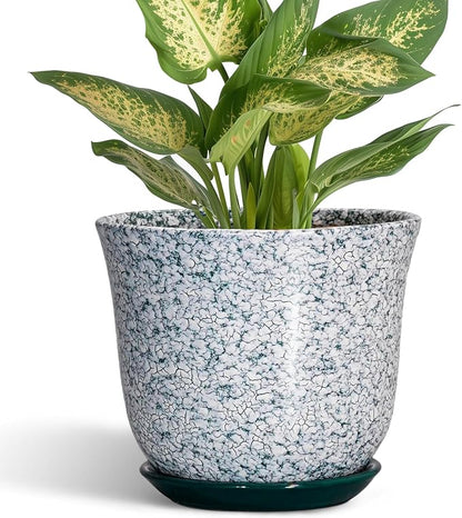 5.6 Inch Plant Pot - Ceramic Plant Pots for Indoor Outdoor, Round Orchid Succulent Pots with Drainage Hole and Saucer, Modern Flower Pot, Home Office Decor, Green-White